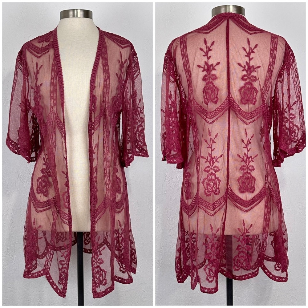 Festival Whimsigoth Fairy Boho Kimono Sz Large Romantic Lace Crochet Burgundy